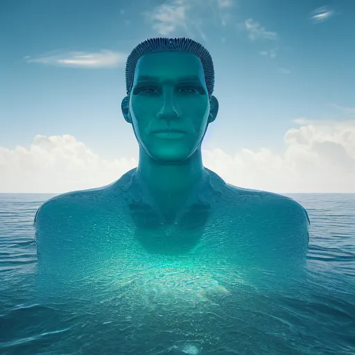 Image similar to a giant aqua sculpture of a human head on the ocean water, cinematic, in the style of chad knight, long shot, hyper detailed, hyper realistic, ray tracing, 8 k resolution, sharp focus, realistic water, award winning