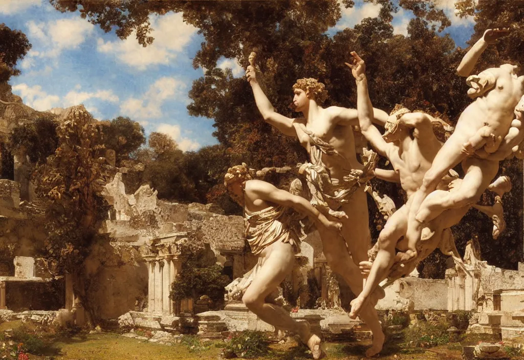 Image similar to the god of love eros soaring in the skies with apollo, ancient ruins by lawrence alma - tadema style, very detailed, anatomically correct, path traced lighting, soft natural lighting