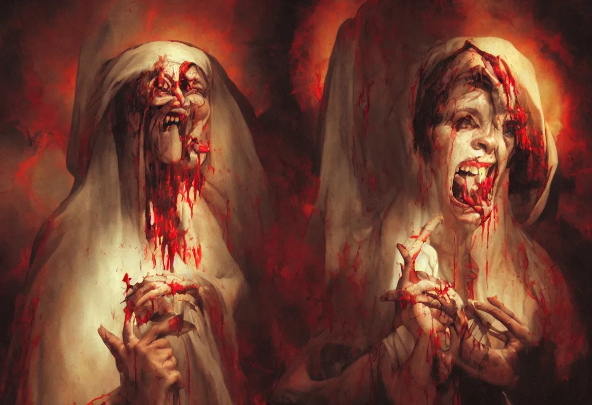 Prompt: portrait of demonic holy mary bleeding from her eyes and laughing under the cross, colorfully ominous background, hyper realism, matte painting, realistic, dramatic lighting, octane render, highly detailed, cinematic lighting, cinematic, volumetric, by rutkowsky and gerald brom and frazetta and rembrandt