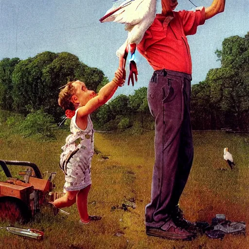 Prompt: a stork is carrying a human baby with a bag in its mouth. a man is chasing the stork away with a shotgun. they're in a trailer park. norman rockwell painting. highly detailed, high quality, 8 k, soft lighting, realistic face, path traced