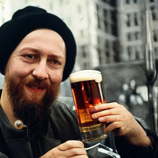 Image similar to egor letov drinking beer, high quality photo