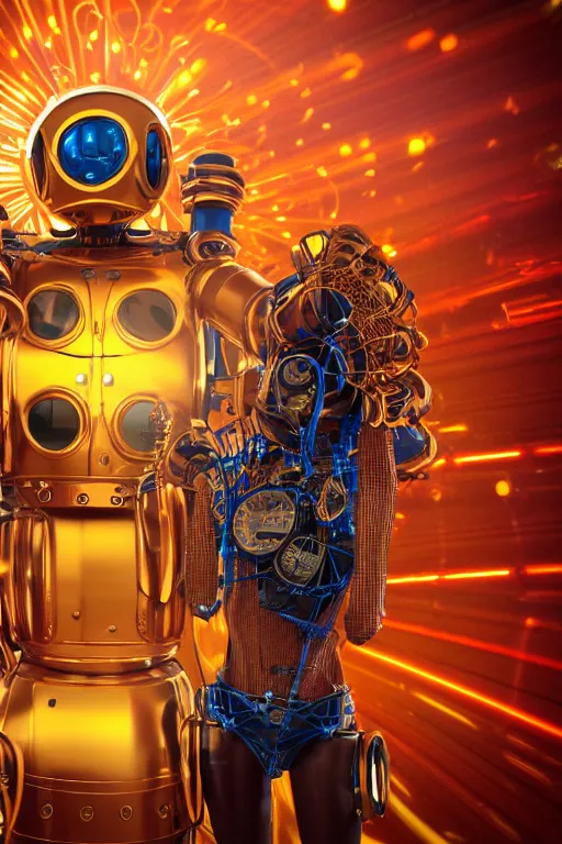 Prompt: portrait photo of a giant huge golden and blue metal humanoid steampunk robot female singer with a human face and gears and tubes, in the foreground is a big red glowing microphone, eyes are glowing red lightbulbs, shiny crisp finish, 3 d render, 8 k, insaneley detailed, fluorescent colors, background is multicolored lasershow