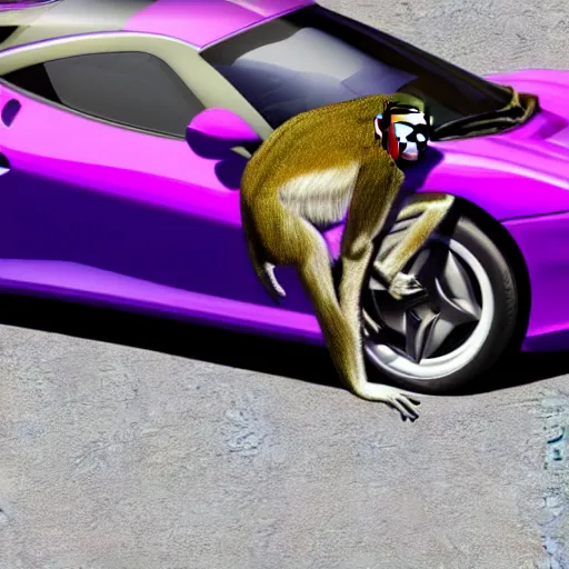 Prompt: monkey driving a purple Ferrari, photorealistic