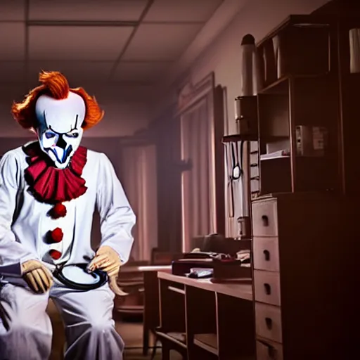 Prompt: a photograph of pennywise dressed as a doctor in a hospital, with a lab coat, with a stethoscope, hyperdetailed, intricate, dramatic, horror movie, movie still, 4 k realistic, volumetric lighting, sharp focus, american shot