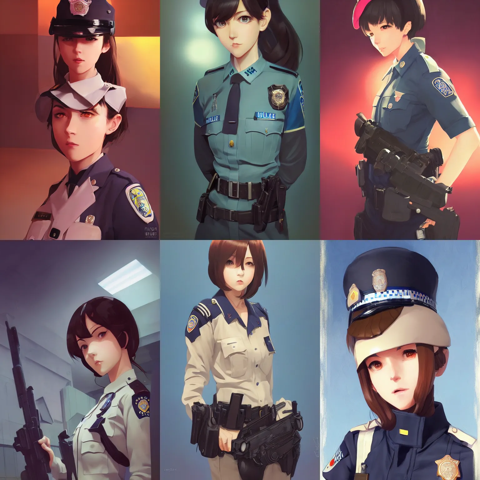 Prompt: a portrait of a cute female police officer, modern setting, vivid colors, soft lighting, atmospheric, cinematic, moody, in the style of Ilya Kuvshinov and Range Murata, Krenz Cushart, rule of thirds, oil on canvas, 8k