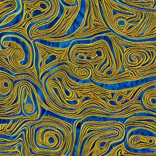 Prompt: thin lines, fractals, lichen macro, serpentine twisty maze, carved soapstone ceiling relief paneling, blue and yellow