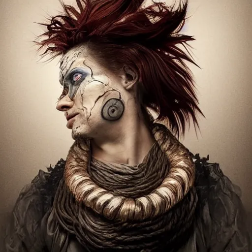 Image similar to portrait of a Shibari rope wrapped face and neck, headshot, insanely nice professional hair style, dramatic hair color, face paint half and half, digital painting, of a old 15th century, old cyborg merchant, amber jewels, baroque, ornate clothing, scifi, realistic, hyperdetailed, chiaroscuro, concept art, art by Franz Hals and Jon Foster and Ayami Kojima and Amano and Karol Bak,