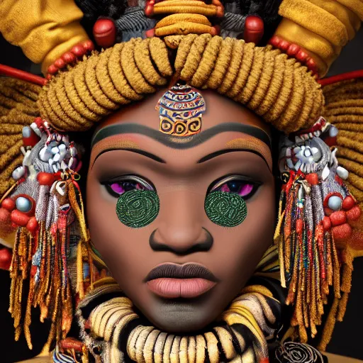 Image similar to elegba eshu the yoruba god with cowrie shells for eyes writing a poem, insanely detailed and intricate, golden ratio, hypermaximalist, elegant, ornate, luxury, elite, James jean, Brian froud, ross tran, realistic 3D, hyper realistic, super detailed, realistic octane render, 8K, fashion photogra