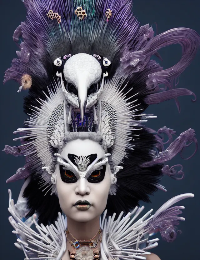 Image similar to 3 d goddess close - up profile portrait punk with mohawk with ram skull. beautiful intricately detailed japanese crow kitsune mask and clasical japanese kimono. betta fish, jellyfish phoenix, bio luminescent, plasma, ice, water, wind, creature, artwork by tooth wu and wlop and beeple and greg rutkowski