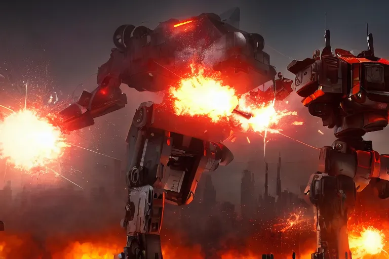 Prompt: six meter tall mech firing a minigun in a city, action scene, massive robot, futuristic main battle tank, battletech, bullet trails, concept art, artbook, unreal engine screenshot, action game, octane render, trending on artstation