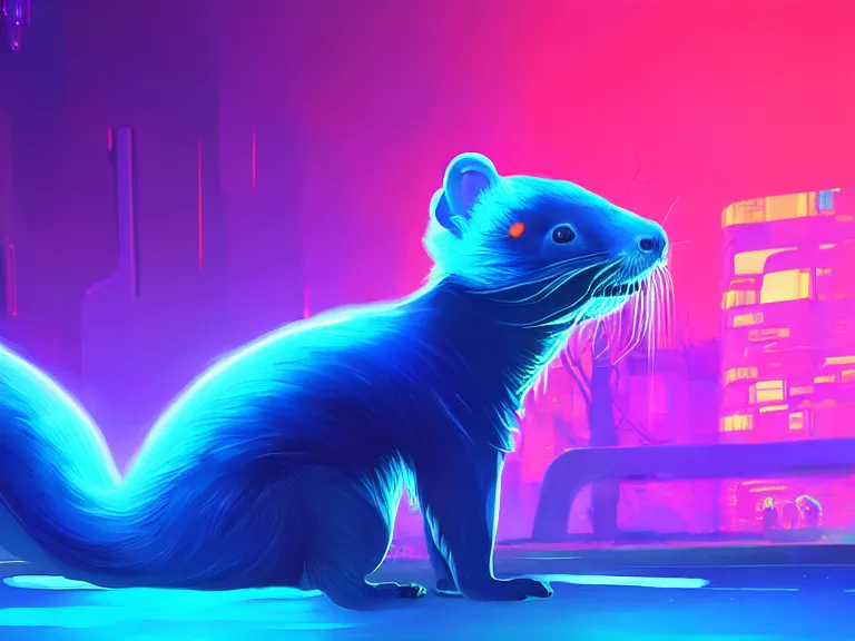 Prompt: a bioluminescent ferret, in a cyberpunk park, 8 k, digital painting, stylized, electric blue gradient, warm color scheme, dynamic lighting, octane, trending on artstation