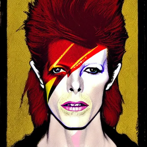 Image similar to david bowie as aladdin sane, mucha style,