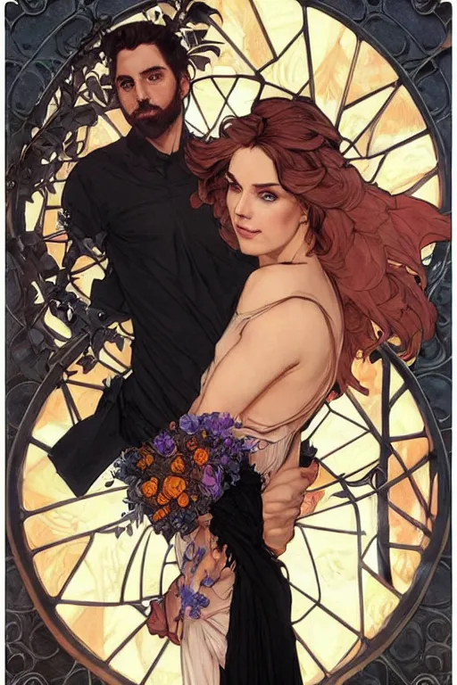 Image similar to bearded young man in orange t - shirt fastens beautiful black dress of his spouse before going to exquisite gala art by artgerm and greg rutkowski and charlie bowater and magali villeneuve and alphonse mucha