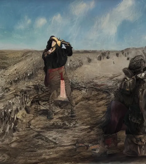Prompt: portrait of muscular, tired and alcoholic 3 4 - year - old grieving man with short darkblonde hair, serious sad look in his eyes, looking down, dirty beard, blue eyes, crying tears, wearing dirty soldier uniform, on the desert, sad atmosphere, hyper realistic face, character art, art by mark brooks, cryengine, trending on artstation, digital art