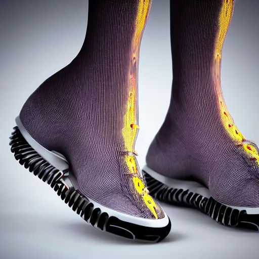 Image similar to futuristic balenciaga and vetements sneakers made out of live parts, cable, nerves, organs, by cronenberg, ultra rendered extreme realism and detail, 8 k, highly detailed, realistic, completely framed, pbr, surreal, hyper realistic, colorful, direct lighting, 3 5 mm photo, photorealistic, sharp focus,