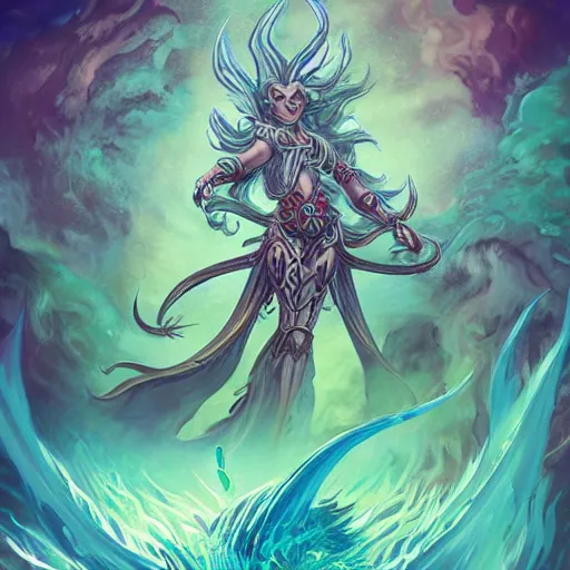 Image similar to sea witch battling a sea god, d & d style, trending on artstation, colorful, intricate, art by aurore folny