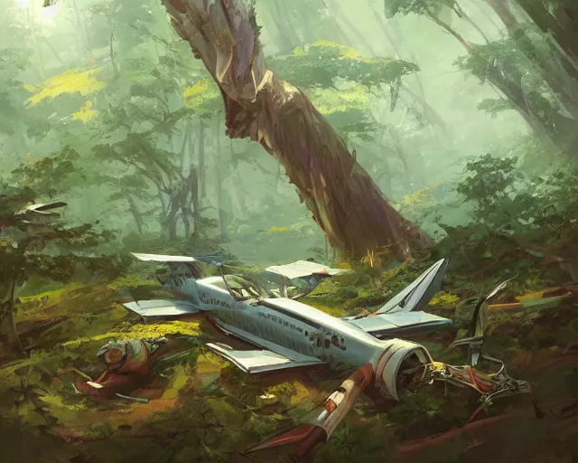 Image similar to a crashed airplane in a forest. By Makoto Shinkai, Stanley Artgerm Lau, WLOP, Rossdraws, James Jean, Andrei Riabovitchev, Marc Simonetti, krenz cushart, Sakimichan, trending on ArtStation, digital art.