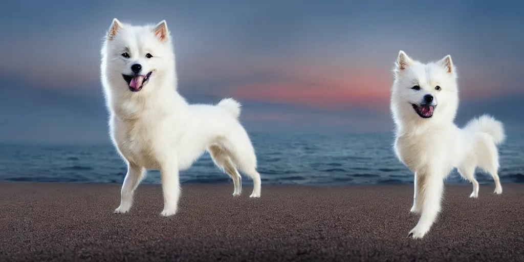 Image similar to a closeup photorealistic photograph of a robot cyborg japanese spitz on the beach at sunset. part dog part machine, pipes and wires glowing eyes. robot dog. part robot dog. hybrid machine dog. this 4 k hd image is trending on artstation, featured on behance, well - rendered, extra crisp, features intricate detail and the style of unreal engine. golden hour