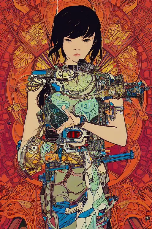 Image similar to beautiful cyborg portrait girl female illustration detailed patterns art of thai traditional dress, pop art, splash painting, art by geof darrow, ashley wood, alphonse mucha, makoto shinkai