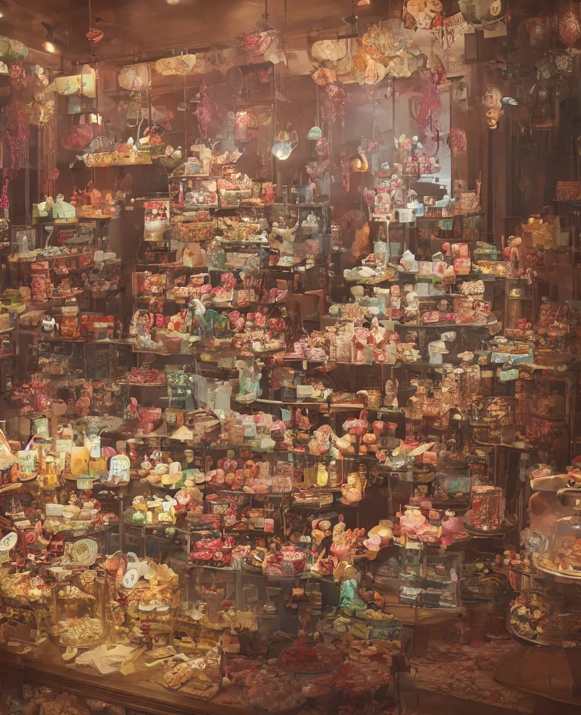 Image similar to Inside an old fashioned sweet shop, fantasy vendor interior, wide angle, cinematic shot, highly detailed, cinematic lighting , photorealistic, trending on cgsociety and unreal engine