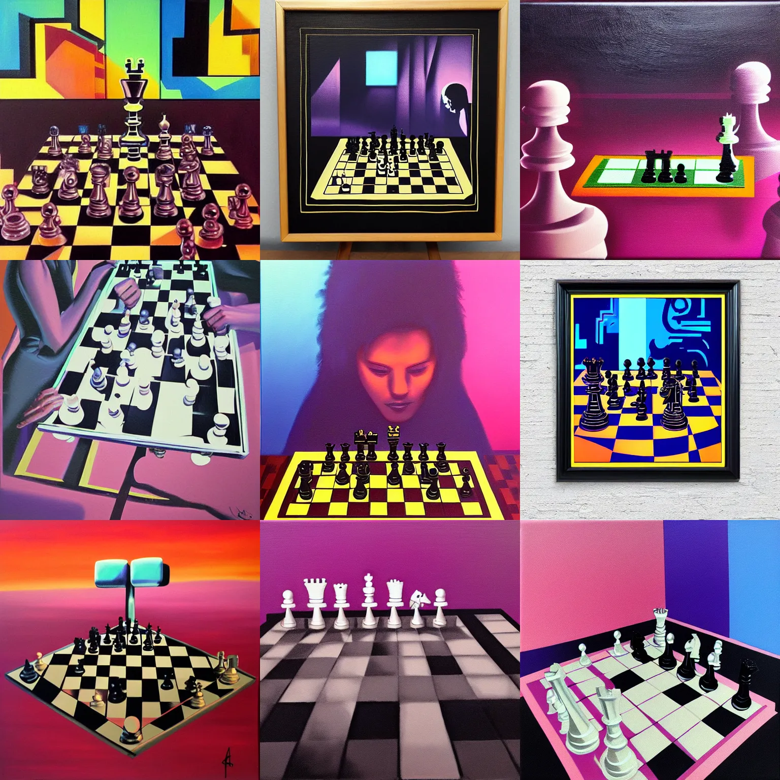 Prompt: chess in 80s style synthwave, oil on canvas