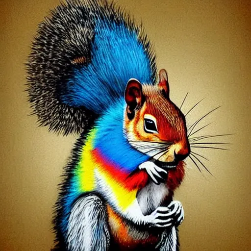 Prompt: Cool looking squirrel with a styled colorful mohican haircut, wall art, by Banksy, masterpiece, award-winning, hyperdetailed, photorealistic