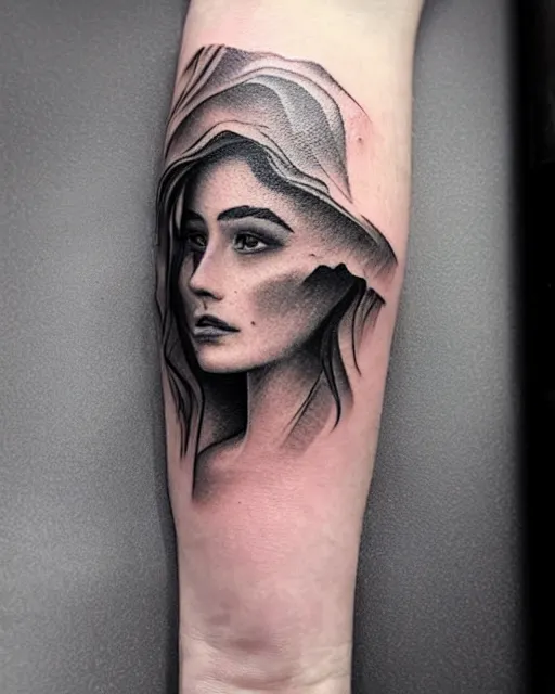 Image similar to tattoo design sketch of a beautiful woman face faded with a faded background of beautiful mountains and nature on her side, hyper - realistic, in the style of den yakovlev, amazing detail, black and white