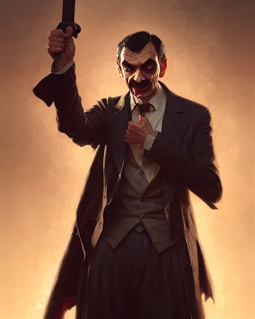 Image similar to mr bean vampire hunter, fine details, realistic shaded lighting poster by greg rutkowski, magali villeneuve, artgerm, jeremy lipkin and michael garmash and rob rey