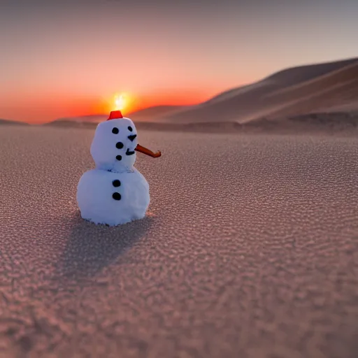 Image similar to a snowman is lost in the desert at sunset, he’s next to a sandman made of sand, beautiful photography, 8k, ambient light