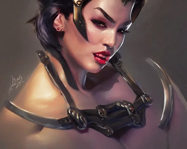 Image similar to portrait of widowmaker from overwatch as a beautiful female bodybuilder amazon with plump lips, elegant, fantasy, hd shot, digital portrait, beautiful, artstation, comic style, by artgerm, guy denning, jakub rozalski, magali villeneuve and charlie bowater