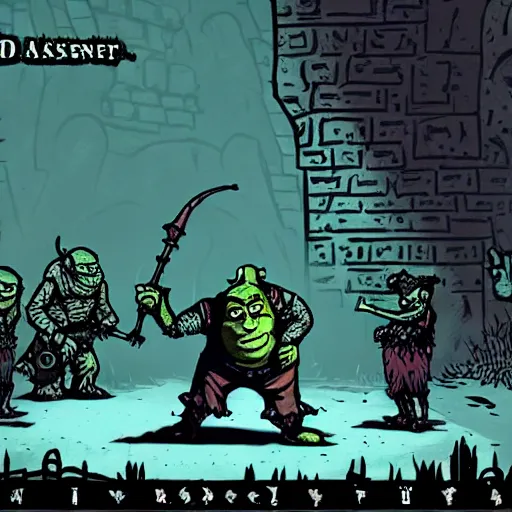 Prompt: shrek as a boss in darkest dungeon, screenshot from a game, highly detailed, dark atmosphere, concept art, 2 d, sideview, cosmic horror, body horror, lovecraft mythos