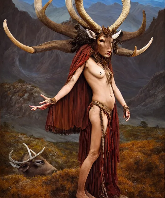 Prompt: a detailed horned antelopewoman stands among the mountains. wearing a ripped mantle, robe. perfect faces, extremely high details, realistic, fantasy art, solo, masterpiece, soft cimematic colors and lighting, art by daniel e. greene, zoey frank, vincent desiderio, hermann nitsch