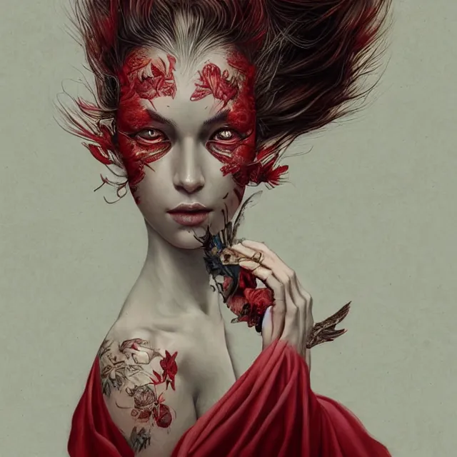 Image similar to ultra realistic illustration, beautiful woman dressed in red kimono, backview, tattoos, in the style of peter mohrbacher by weta digital and beth cavener, high face symmetry, intricate, masterpiece, award winning, high face symmetry, intricate