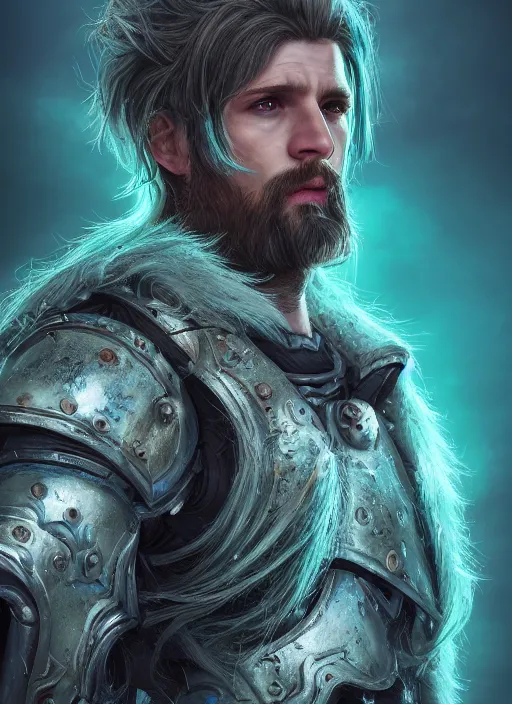 Image similar to an epic fantastic realism comic book style portrait painting of an aasimar paladin, male, silver shaggy hair, short brown beard, d & d concept art, unreal 5, daz, teal aesthetic, octane render, cosplay, rpg portrait, dynamic lighting