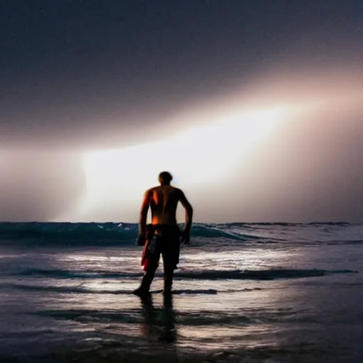 Prompt: the last man is standing hip deep in wild ocean waves with wild flashing neon lights in the sky