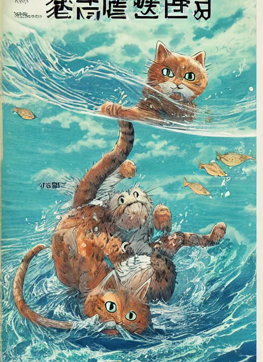 Image similar to japanese magazine cover of one giant cat in the middle of the sea illustrated by miyazaki, hiroyuki kato, keisuke goto, highly detailed, concept art, illustration art