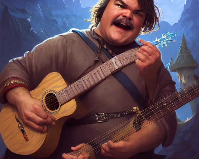 Image similar to photography of jack black with a guitar singing 8 k, deep focus, d & d, fantasy, intricate, elegant, highly detailed, digital painting, artstation, concept art, matte, sharp focus, illustration, hearthstone, art by artgerm and greg rutkowski and alphonse mucha