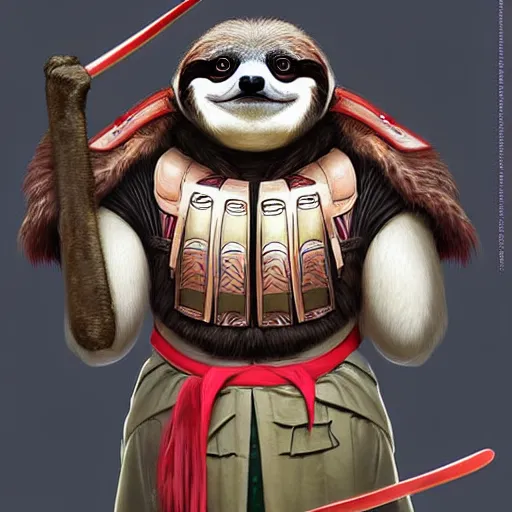 Image similar to graphic, hyperreal illustration of anthropomorphic sloth in traditional samurai armor : : digital art, concept art, character development : : illustrated by artgerm