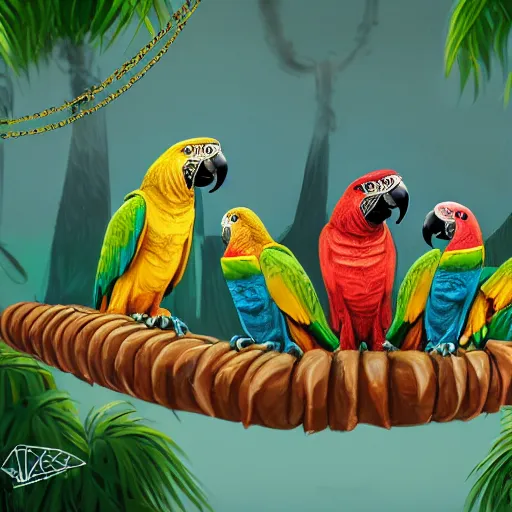 Image similar to parrots dressed in golden rings, necklaces and with caps on head, rapping and sitting on golden trees, rap scene, jungle concept art, trending on artstation, highly detailed, digital art, 8 k