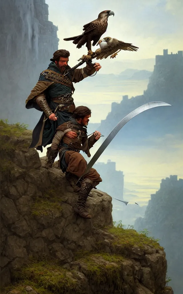 Image similar to rough middle age ranger with a falcon pet and a long sword, he is on top a cliff observing old ruins of a castle, elegant clothing, photorealistic render, matte patining, highly detailed, artstation, smooth, sharp focus, art by michael whelan, artgerm, greg rutkowski and alphonse mucha