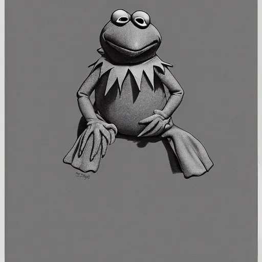 Image similar to Kermit the Frog from Sesame Street by Gustave Dore, full body grayscale drawing