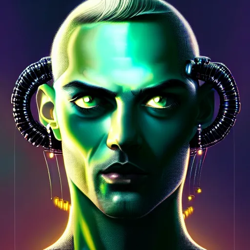 Image similar to man with extremely large and intricate haircut with angry green eyes and slim features looking askance, eye cyberpunk bionics, retro futurist style, intricate, elegant gleaming intricate baroque jewelry, angelic halo, highly detailed, digital painting, artstation, concept art, smooth, sharp focus, illustration, art by wlop, mars ravelo and greg rutkowski,