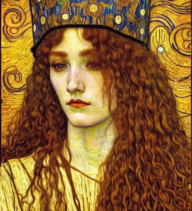 Image similar to detailed realistic beautiful young medieval queen face portrait by jean delville, gustav klimt and vincent van gogh, art nouveau, symbolist, visionary, gothic, pre - raphaelite, muted earthy colors, desaturated