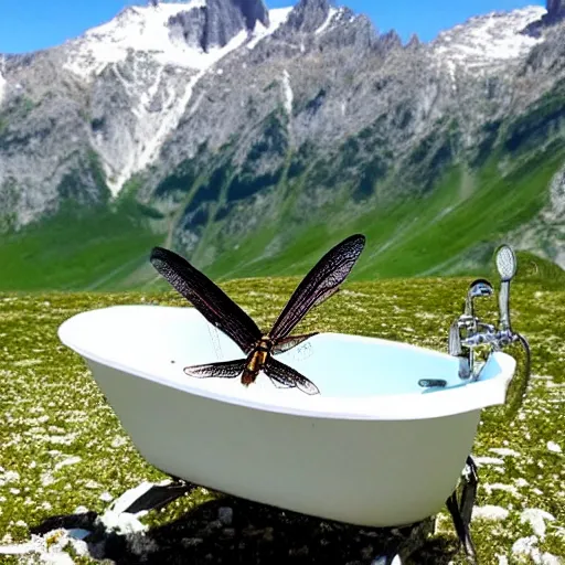 Image similar to dragonfly in a bathtub in the alps, goat!!!!! in background