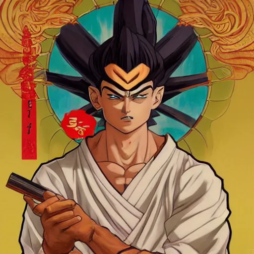 Image similar to songoku in a sushi costume art by artgerm and greg rutkowski and alphonse mucha