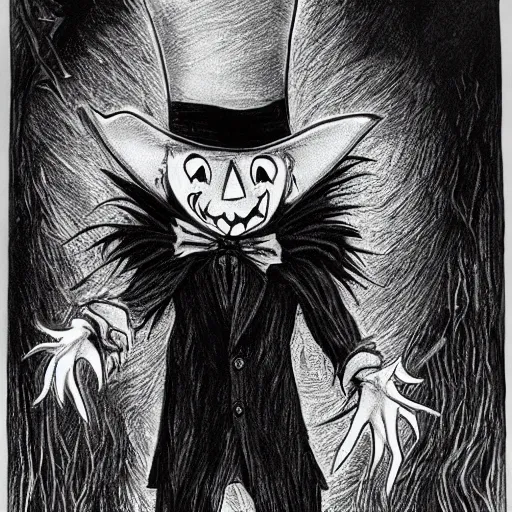 Prompt: a Pop Wonder scary horror themed goofy-hilarious-character Jack-Frost-Babadook-scarecrow-madhatter-williewonka-wearing a scarf with RED-Eyes, 3-piece-suit, dime-store-comic drawn with charcoal and pen and ink, half-tone-line-stacking