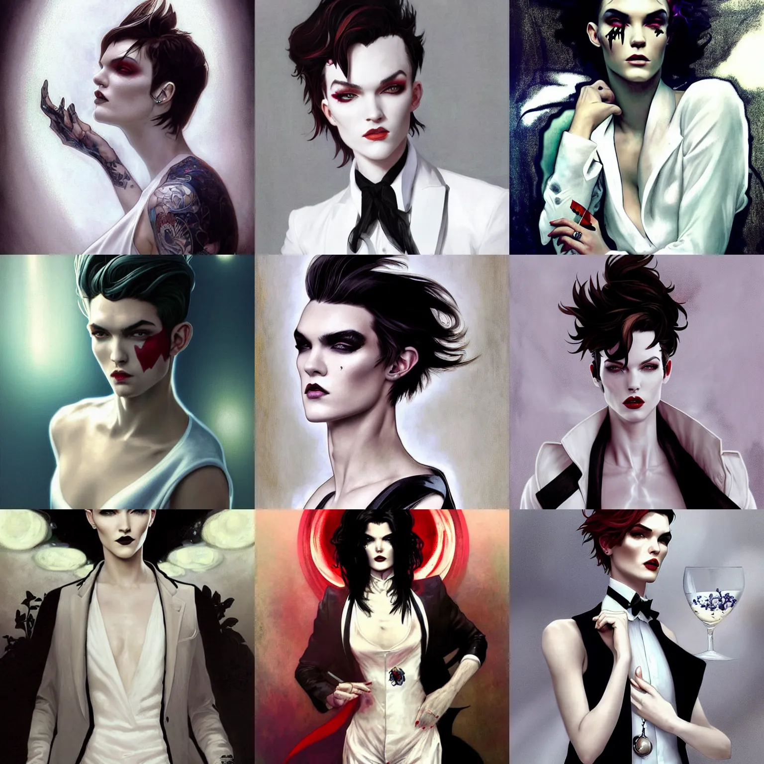 Prompt: beautiful portrait of androgynous ruby rose as desire from sandman in a white tuxedo!!!, rockabilly style, by cedric peyravernay, alphonse mucha, by jeremy mann, by lecouffe deharme, white suit and black tie, soft lightning, high detailed, 8 k