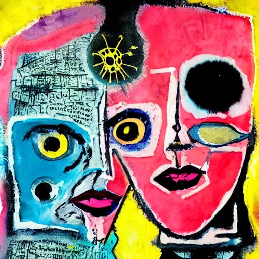 Image similar to watercolor painting of two bizarre psychedelic goth women kissing each other closeup in a cafe in japan, speculative evolution, mixed media collage by basquiat and jackson pollock, magazine collage art, sapphic art, lesbian art, chemically damaged