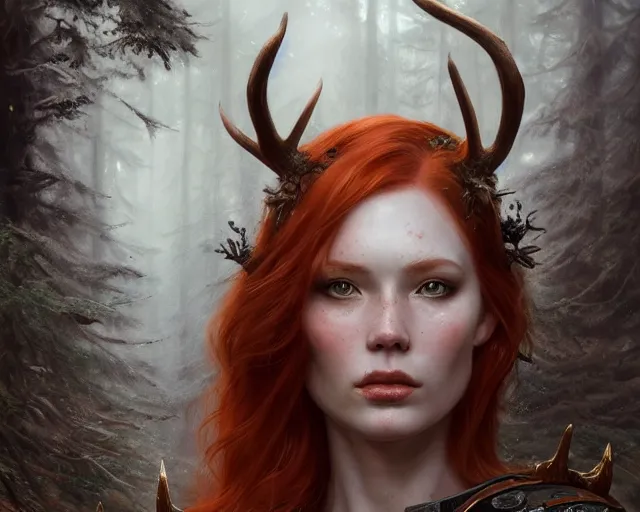 Prompt: 5 5 mm portrait photo of an armored gorgeous aesthetic redhead woman warrior with a face tattoo and antlers growing from her head and cat on her shoulder, in a magical forest. art by greg rutkowski. highly detailed 8 k. intricate. lifelike. soft light. nikon d 8 5 0.