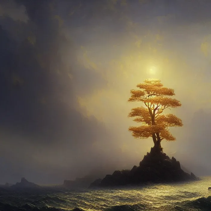 Prompt: a beautiful painting of the gold world tree on the sea by ivan aivazovsky and greg rutkowski and james gurney, in style of unreal engine 5. dark fantasy, elden ring, hyper detailed, sharp focus, soft light. unreal engine 5 lumen. ray tracing. trending on artstation.